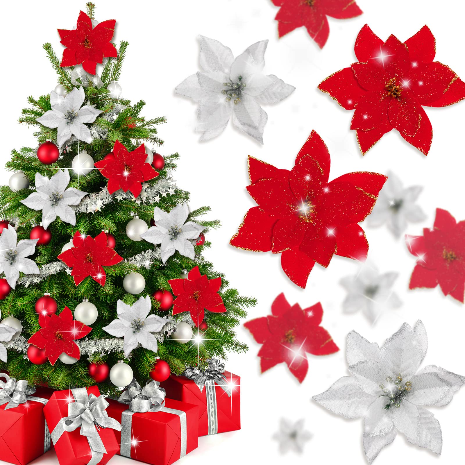 Whaline 40Pcs Poinsettia Artificial Christmas Flowers with 40Pcs Clips and 40Pcs Stems Red Silver Xmas Flowers Glitter Christmas Tree Ornaments Xmas Wedding Party Decoration New Year Ornaments
