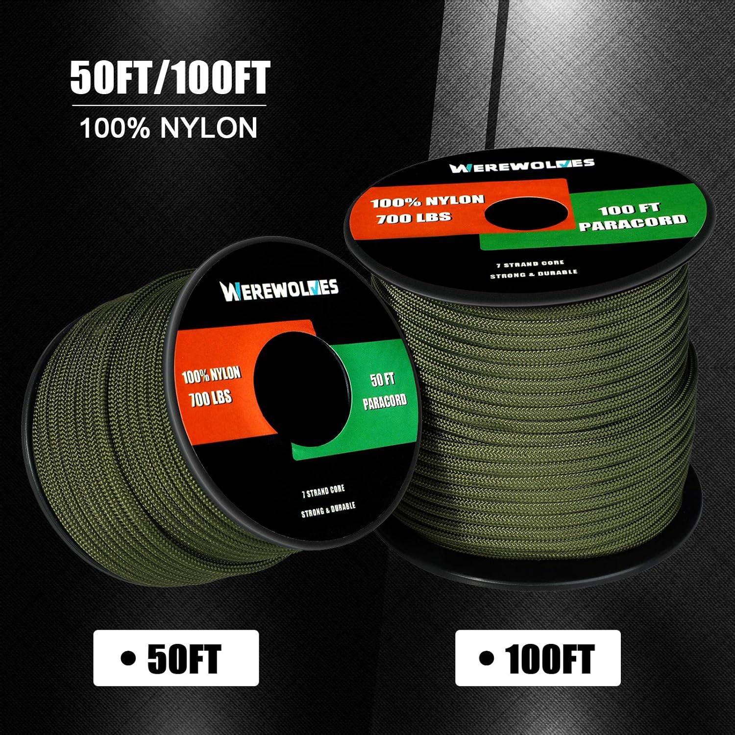 WEREWOLVES 700lb Paracord/Parachute Cord - Type III 7 Strand 100% Nylon Core and Shell 700 lb Tensile Strength Paracord Spool : Sports & Outdoors