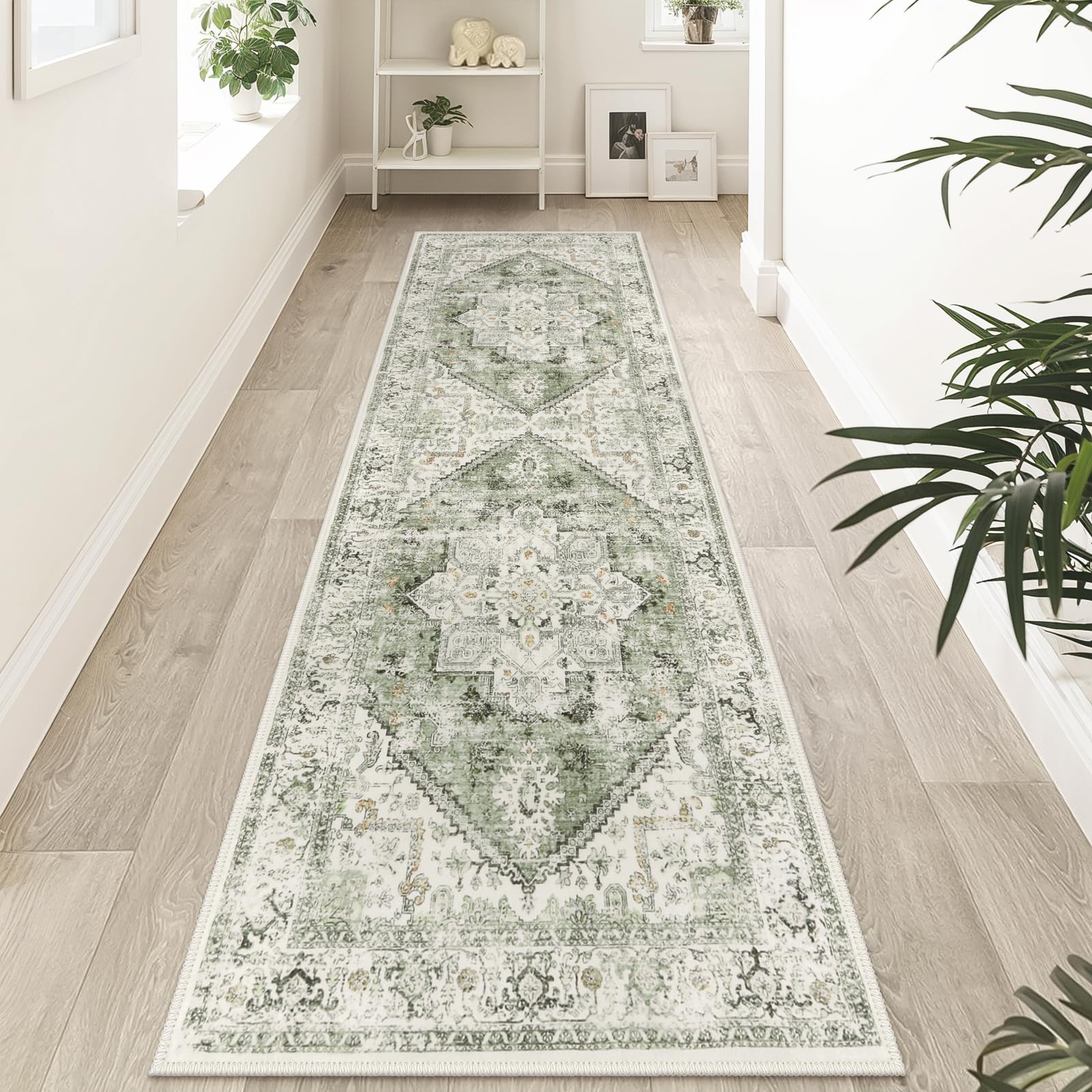 Photo 1 of LIVEBOX Sage Green Runner Rug Non-Slip 2.5x8 - Oriental Bedroom Rugs Long Hallway Rugs for Home Decor, Low-Pile Vintage Carpet for Bathroom, Non-Slip Soft Carpet Throw Rug for Laundry Room