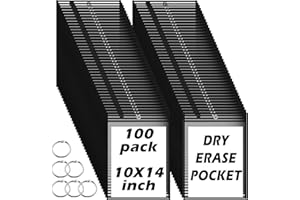 OLEITODH 100 Packs Dry-Erase Pockets Bulk Oversized Reusable Dry Erase Pocket Sleeves with 6 Rings, 10x14 Black Ticket Holders, Clear Plastic Sheet Protectors, Teacher School Classroom Supplies