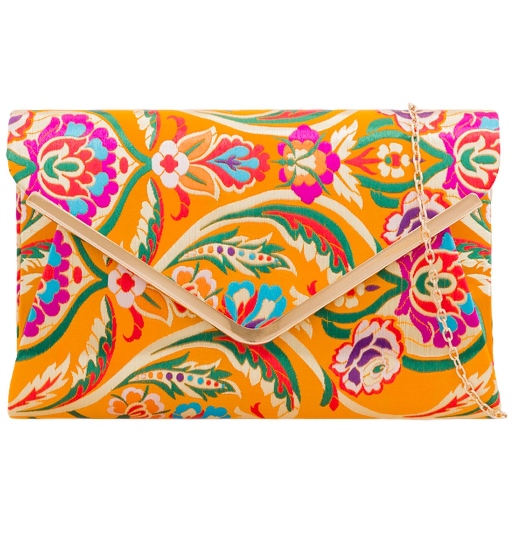 Purple Possum® Mustard Yellow Satin Floral Clutch, Ladies Large Pink Purple Blue Green Flowers Shoulder Bag, Prom Wedding Handbag