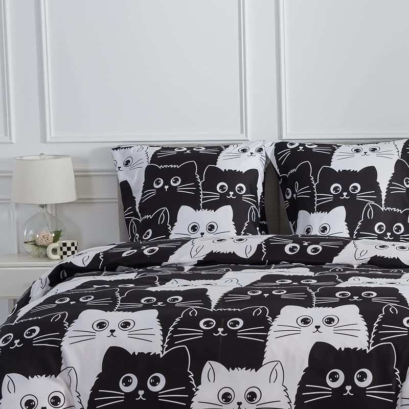 Bettwäsche 155x220 2teilig Bettbezug - Süß Schwarz Weiß Katzen Muster Bettwäsche-Set 155 x 220 cm und 1 Kissenbezug 80x80cm mit Reißverschluss, Weich Leicht Mädchen Kinderbettwäsche — Foto 3 von 8