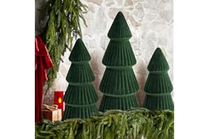 MOREDOTS Christmas Decorations - Set of 3 Velvet Ceramic Christmas Trees - Modern Cone Indoor Christmas Decoration Centerpieces for Table Mantel and Living Room Home Decor (Green)