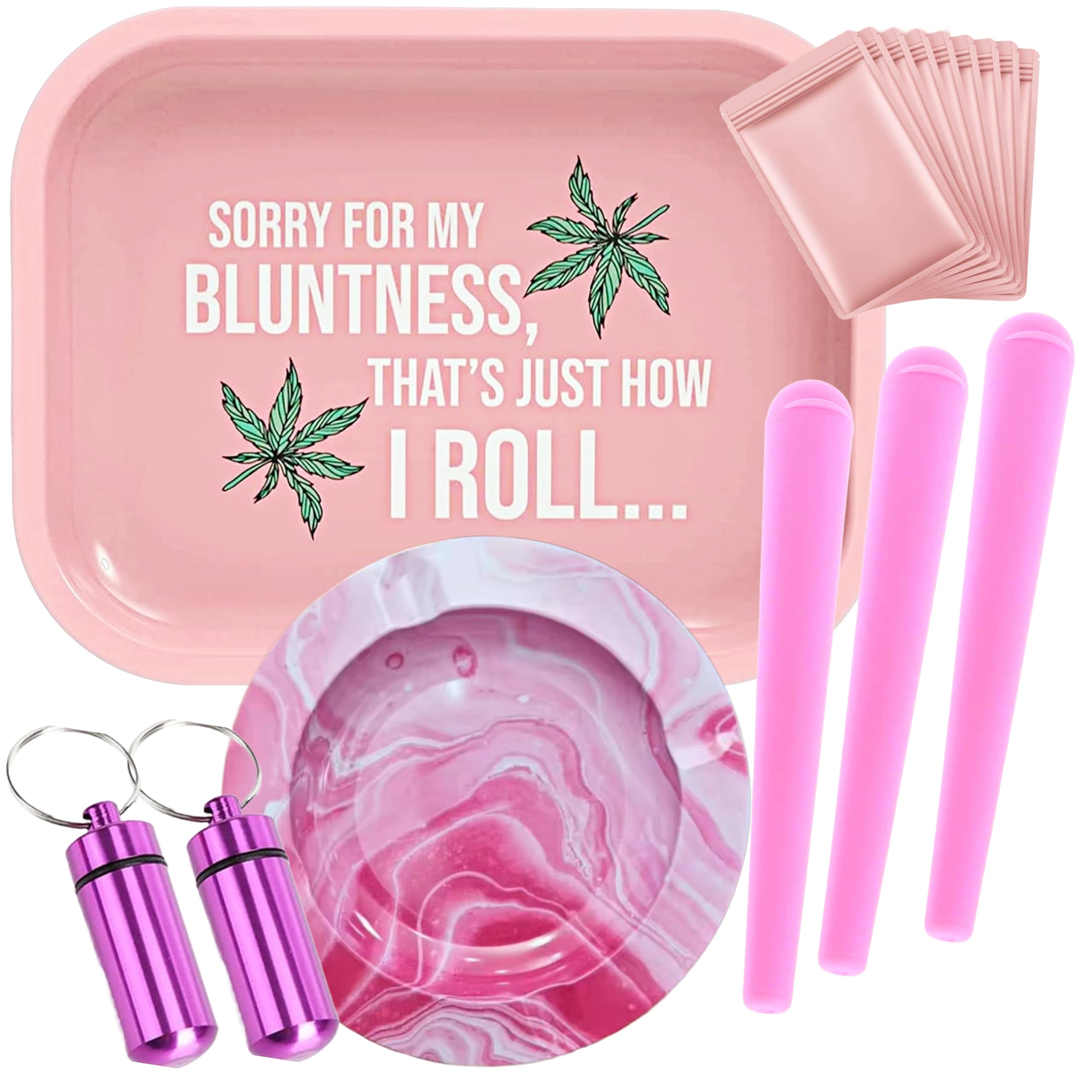 Metal Rolling Tray, Ash Tray, Bags, Air-tight tubes and Air Tight Containers - Essential Pink Smoking Accessories Kit
