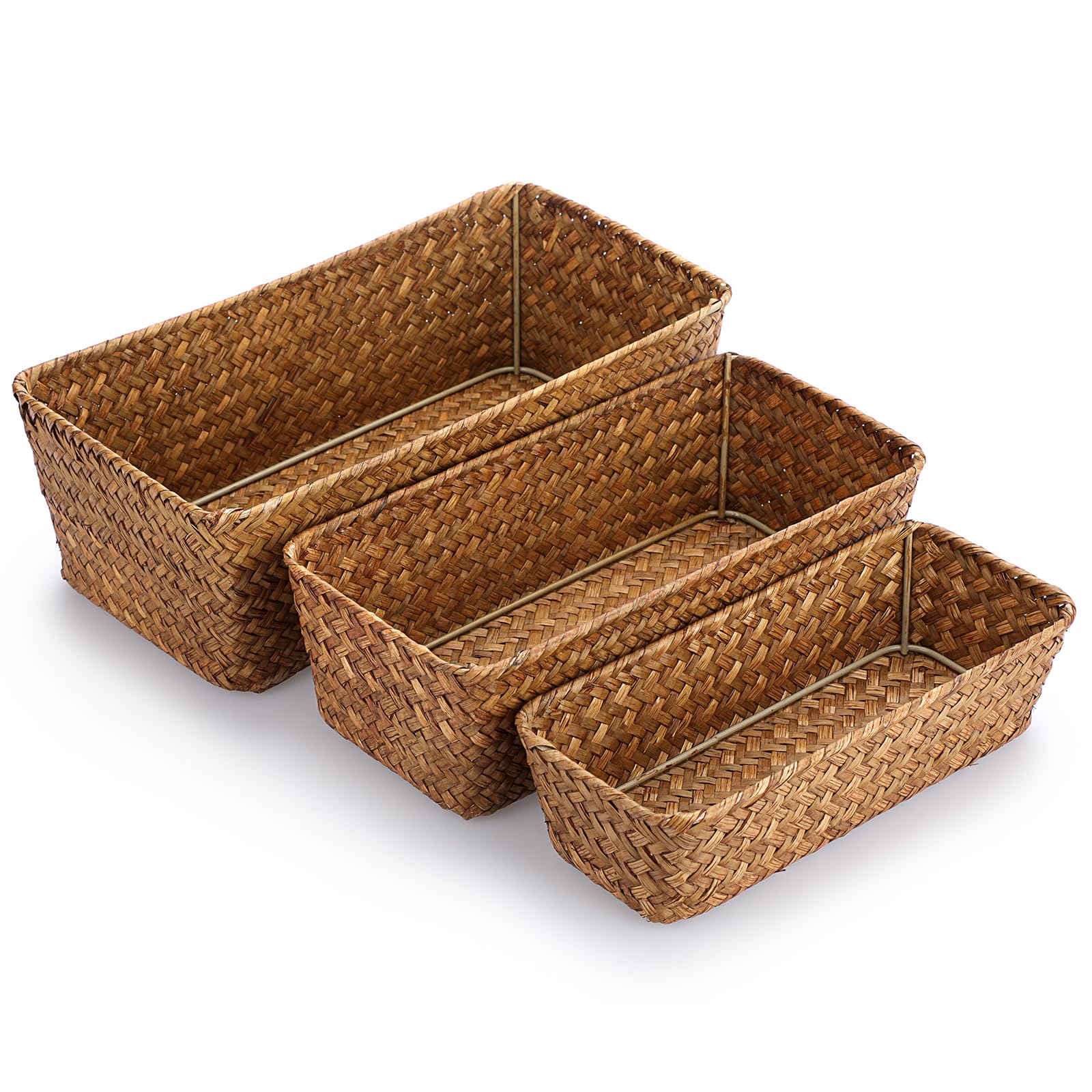 SUMtree Seagrass Storage Basket Rectangular Rattan Storage Baskets Natural wicker Basket Bins for Home Shelf Organizer Set of 3 (Caramel)