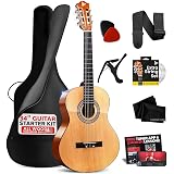 Pyle Beginner Acoustic Guitar Kit, 1/2 Junior Size All Wood Build Nylon String Instrument with Capo, Strap, Extra String Set, Gig Bag, Guitars for Beginners Adults Youth, 34" Natural Gloss