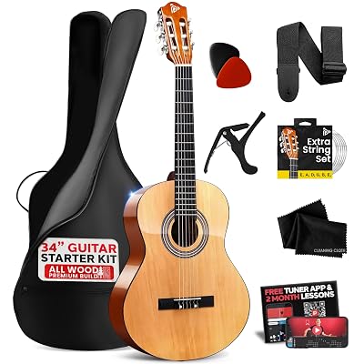 Pyle Beginner Acoustic Guitar Kit, 1/2 Junior Size All Wood Build Nylon String Instrument with Capo, Strap, Extra String Set, Gig Bag, Guitars for Beginners Adults Youth, 34" Natural Gloss
