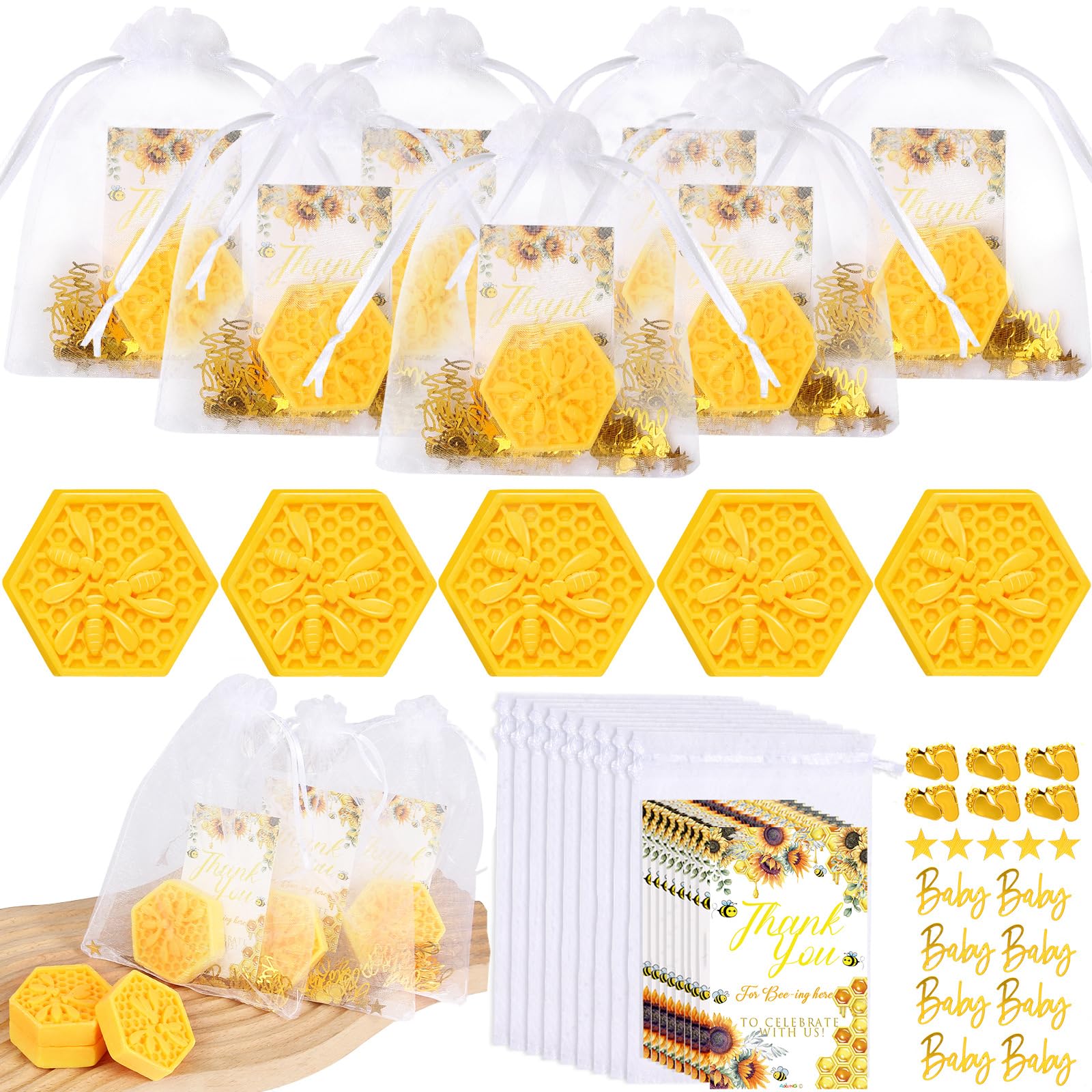 AIXIANG Bee Baby Shower Favors Honeycomb Soap with Organza Drawsting Favor Bags and Thank Cards for Gender Reveal Decorations, Party Favors,Guest Favors,Baby Shower Gifts (24 Pack)