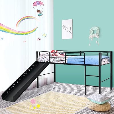 Maxmass Kids Single Loft Bed with Slide, Ladder & Guardrails - Black