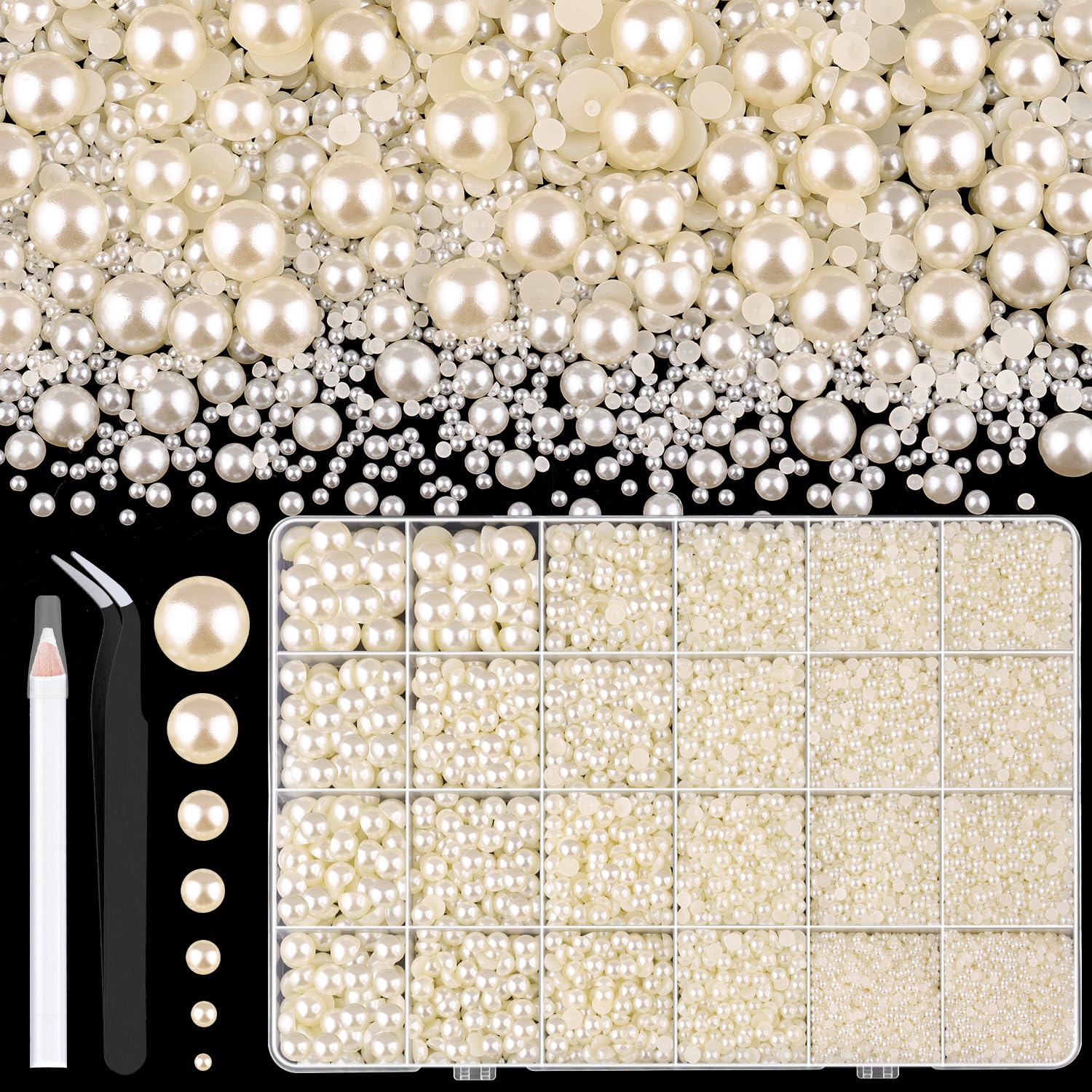 Photo 1 of 13000Pcs Flatback Pearls for Crafting (Ivory White/Beige), Assorted Size 2/3/4/5/6/8/10mm Half Pearl, Bedazzling Bead for DIY Crafts Clothing Tumblers Mugs Shoes Fabric Embellishment Nail Art Makeup