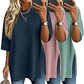 Baggyfly 3 Pack Women's 3/4 Sleeve Waffle Knit Tops Oversized Crewneck T-Shirts Loose Casual Blouses Side Split Tees
