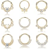Drperfect 9PCS 16G Septum Rings Opal Daith Earrings Hoop Nose Rings 316L Stainless Steel CZ Cartilage Helix Tragus Earrings Septum Clicker Piercing Jewerly