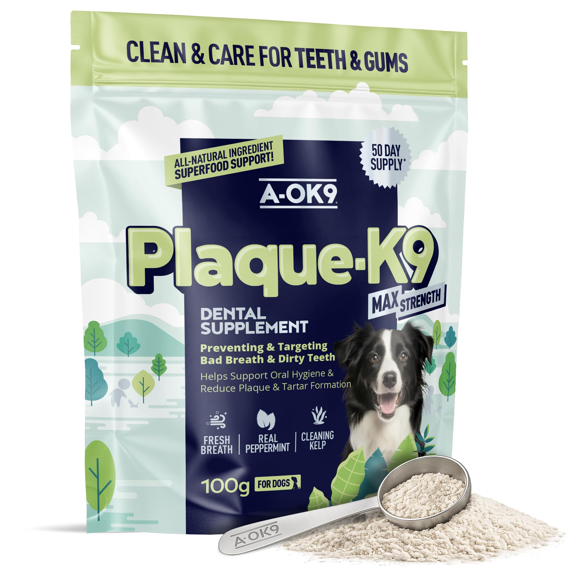 A-OK9 Plaque-K9 | Dental Care Supplement for Dogs | Removes Plaque, Bad Breath & Tartar | Support Oral Hygiene | Natural Ingredients & Superfoods | Mix with Dog or Puppy Food | Absolute Dogs