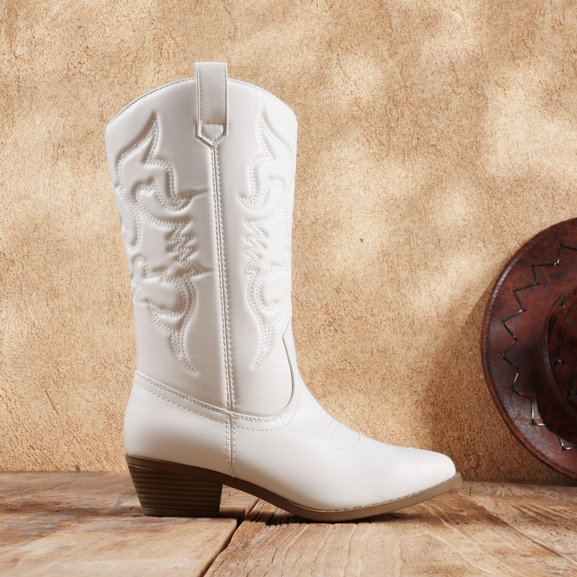 DREAM PAIRS Women's Cowboy Boots Pull On Cowgirl Boots Mid Calf Western Boots, Available in Regular and Wide Calf