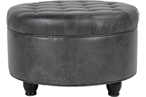Homepop Home Decor |Button Tufted Faux Leather Round Storage Ottoman | Ottoman with Storage for Living Room & Bedroom (Gray)
