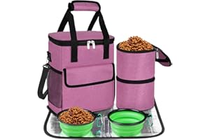 NECKORY Dog Travel Bag for Camping - Pet Travel Accessories with 2 Collapsible Bowls, 2 Food Containers & Waterproof Feeding Mat - Portable Dog Carrier, Rose Red (Small)