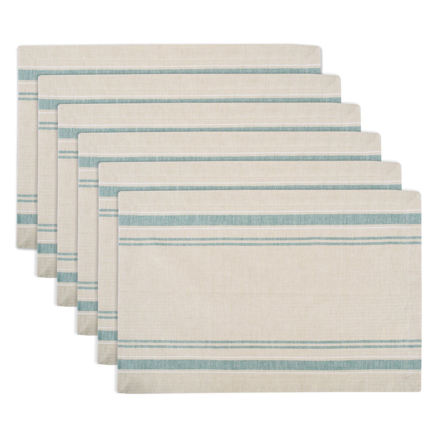 DII French Stripe Dining Table Collection Farmhouse Style Placemat Set, 13x19 Inches, Taupe/Teal, 6 Piece