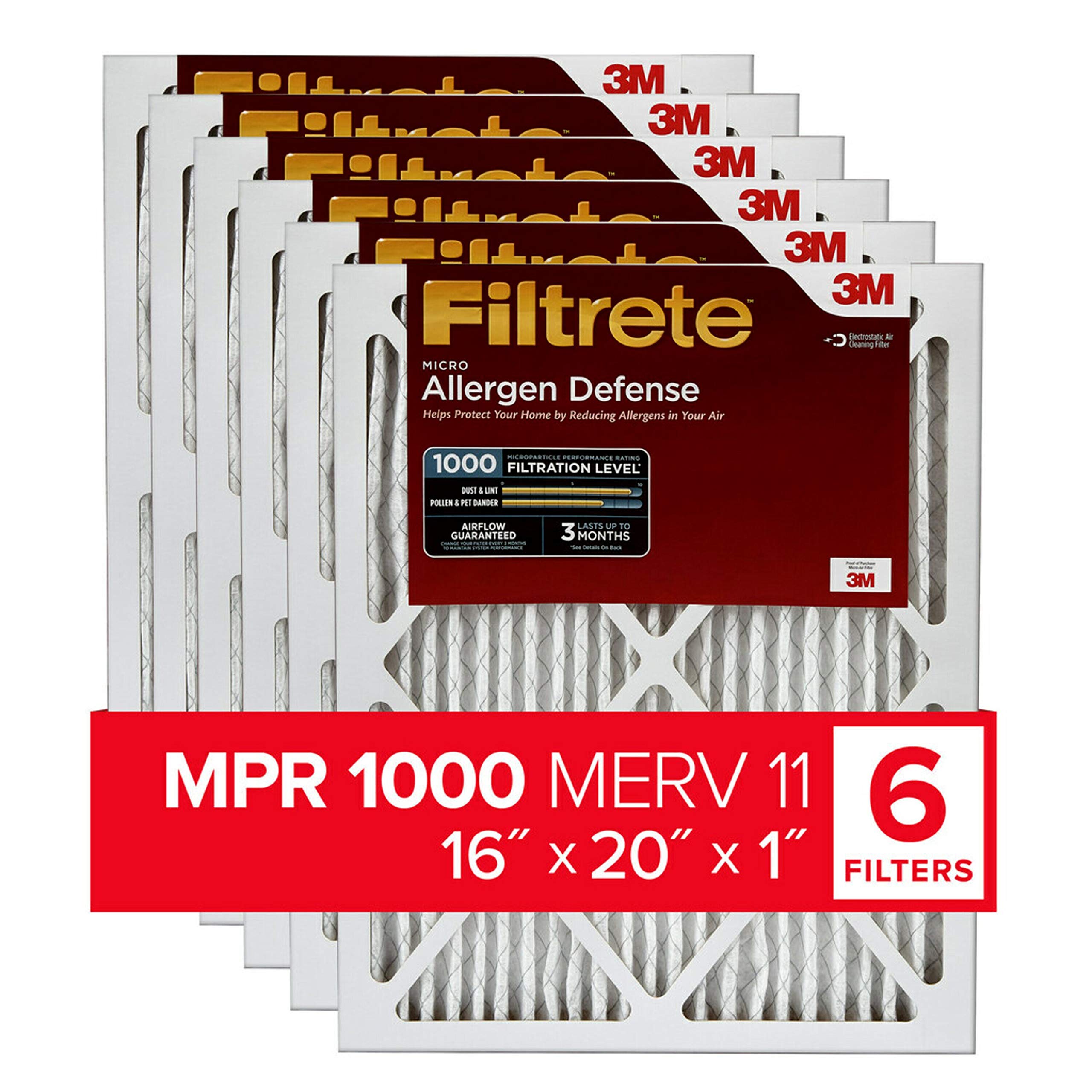 Filtrete 16x20x1, AC Furnace Air Filter, MPR 1000, Micro Allergen Defense, 6-Pack (exact dimensions 15.69 x 19.69 x 0.81)