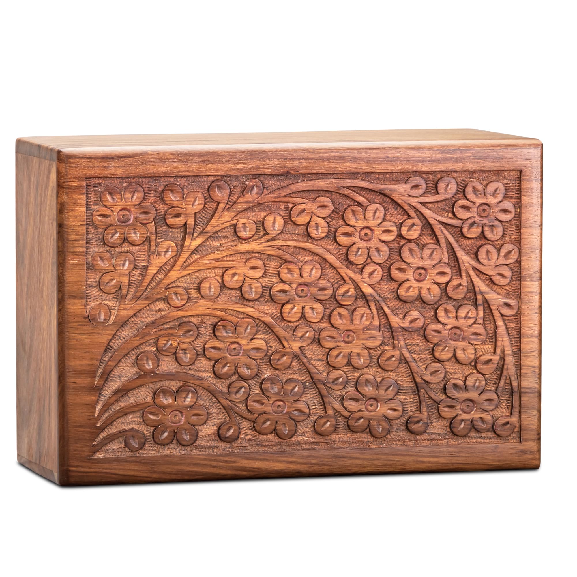 INTAJ Handcarved Rosewood Tree of Life Urn for Human Ashes Adult Male Female - 110 lbs Floral Carving Wooden Cremation Urn Box Suitable for Burial Funeral Decorative Spiritual Memorial Casket Image
