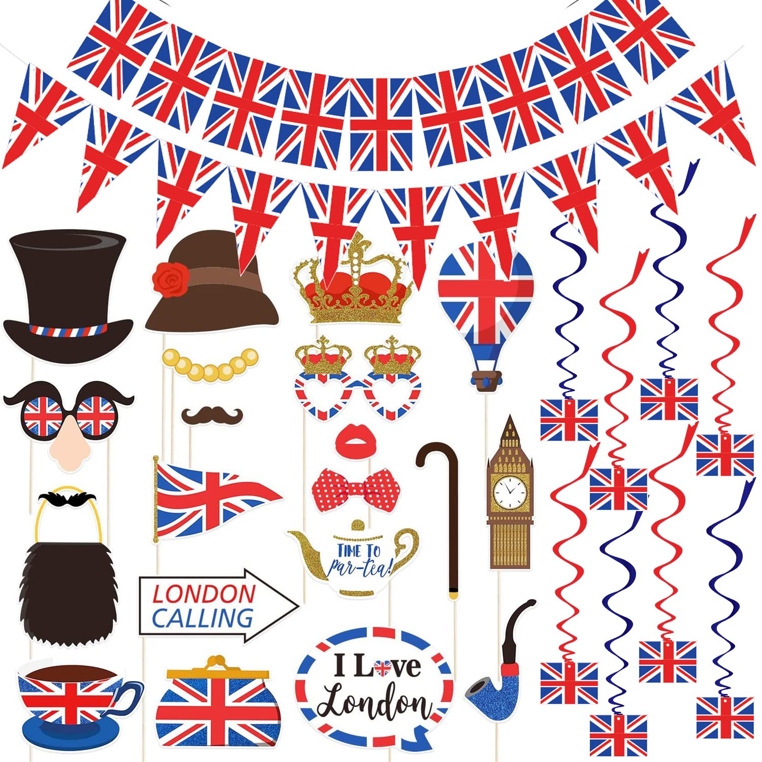 British National Day Festival Party Set, 20 Pieces British Flag Photo Booth Props, 3 Pieces Bunting Union Jack, Length 10 Metres, 8 Pieces British Union Jack Hang Spiral Decor