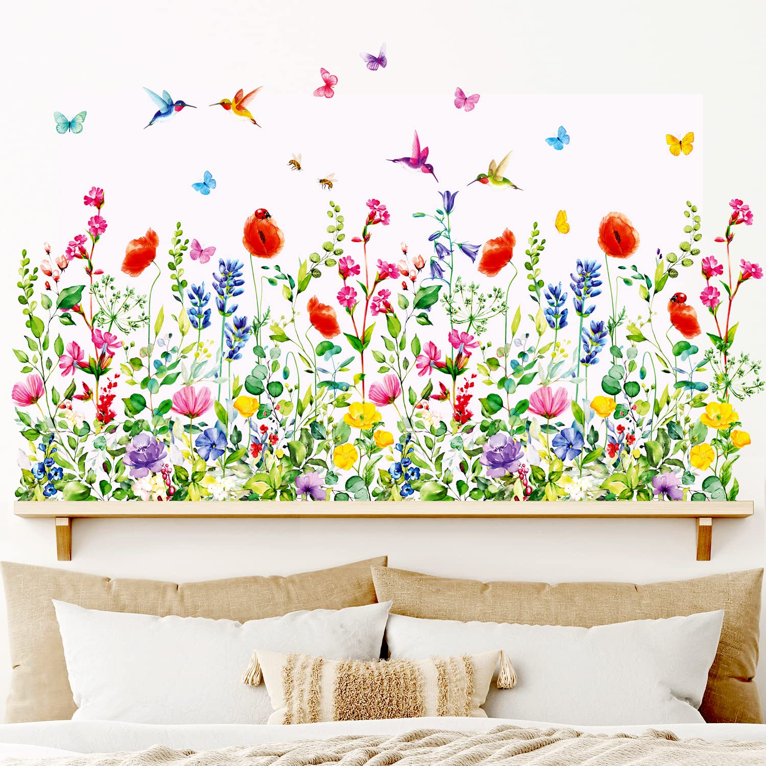 DECOWALL Wildflower Floral Wall Stickers – Garden Flowers & Birds Wall Decals, Removable Nursery Bedroom Living Room Home Decor (SG2-2114)