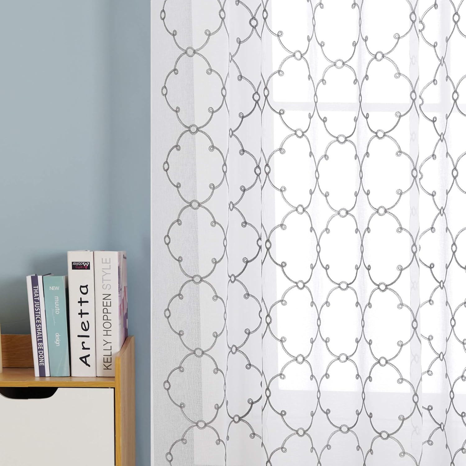 Deconovo Eyelet Diamond Embroidery Voile Curtains Decorative Net Curtains Semi Transparent Voile Net Curtains 55 x90 Drop Inch Grey Set of 2 - Image 4