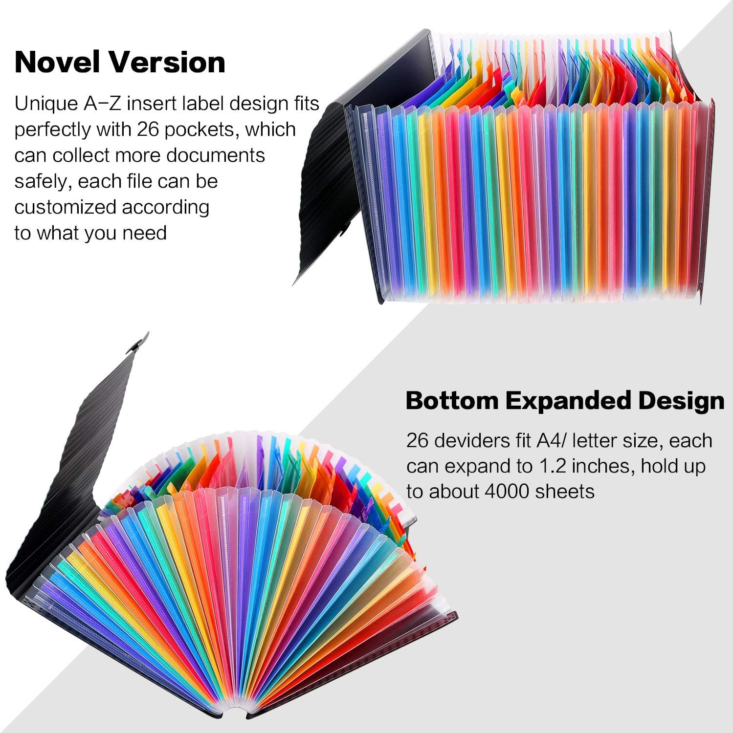 26 Pockets Accordian File Folder Organizer, Expanding Filing Box A4 Letter Size Expandable File Folders, Plastic Accordion Document Paper Coupon Bill Receipt Organizer with 3 A-Z Alphabet Colored Tabs : Office Products
