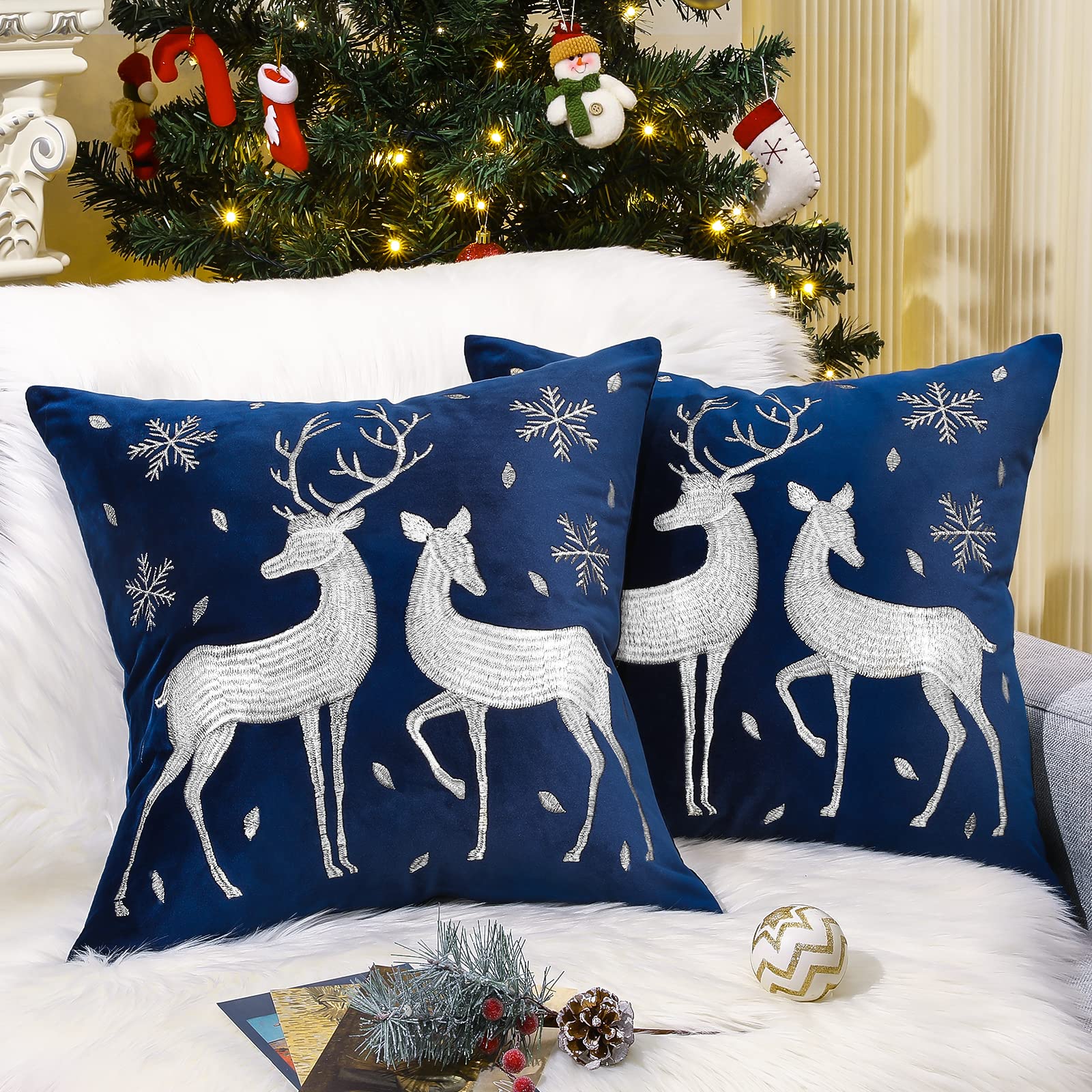 Lewondr Christmas Soft Velvet Throw Pillow Cover, 2 Pack White Deer Snowflake Embroidery Decorative Throw Pillow Case Luxurious Sofa Cushion Cover for Home Christmas Decoration 18"x18"(45x45cm)