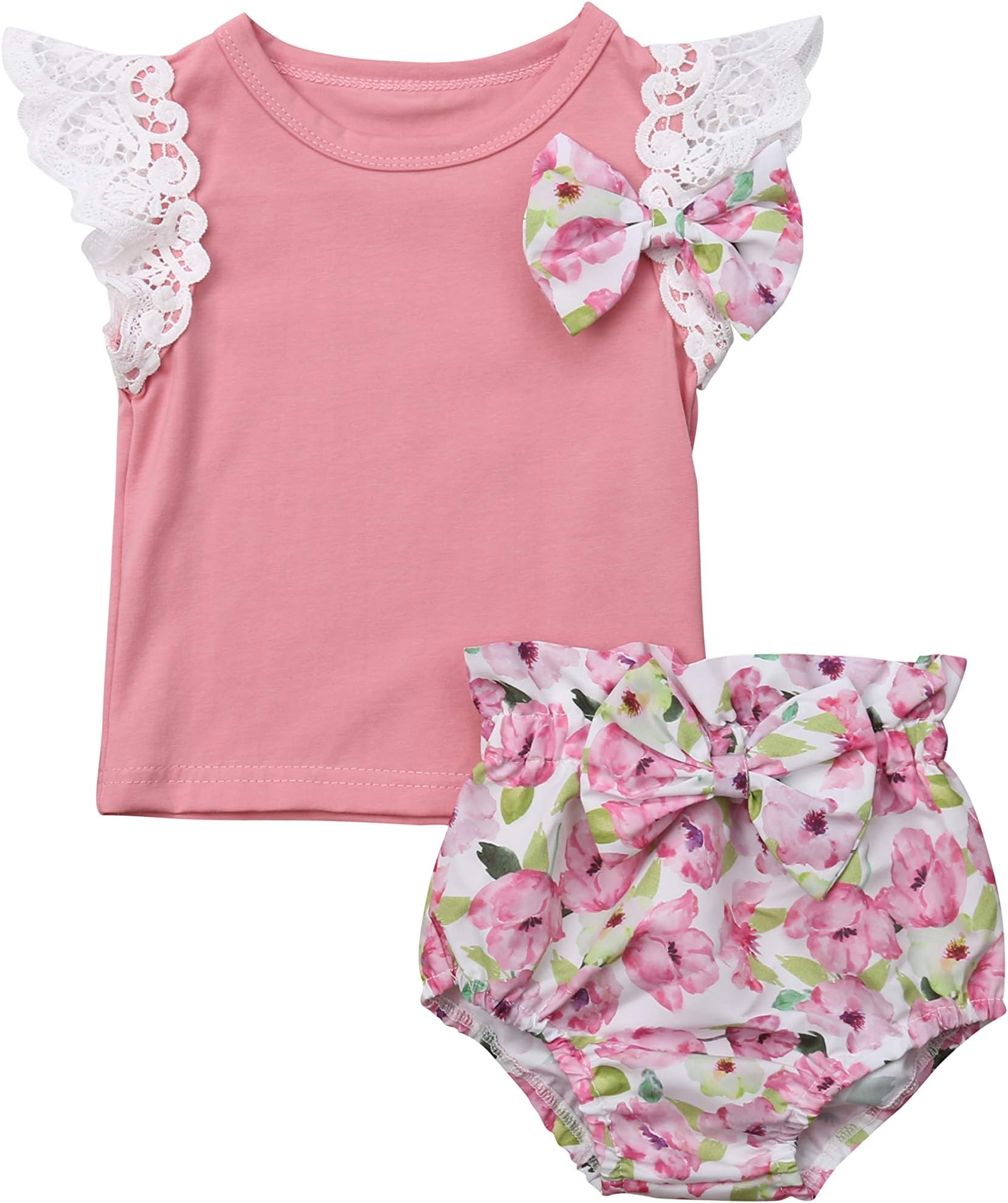 Baby Girls Lace Top Floral Shorts Clothes Set Bowknot Sleeveless T-Shirt Elastic Bottom Clothing Outfits