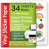 Premium Printable Vinyl Sticker Paper, Waterproof, 34 Matte Printing Sheets | For Inkjet &amp; Laser, Self-Adhesive, Quick Drying, Smudge Proof, Tear Resistant, Scratch Resistant, White US Letter Paper