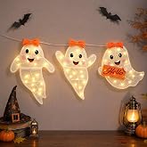 Domvaranique 60-LED Cute Ghost Halloween Lights, Glitter Fabric, Warm Glow | 8 Lighting Modes, Cool to Touch, 60 LEDs (20/Ghost), 3 Ghosts with Welcome Signs, 70in Cord, Ideal for Window/Mantel/Porch