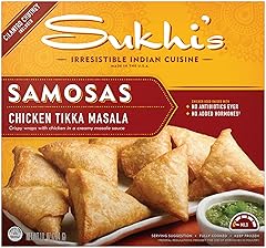 Sukhi's Indian Chicken Tikka Masala Samosa Frozen Appetizer Snack with Cilantro Chutney Dipping Sauce 10oz