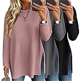 Baggyfly 3 Pack Women's Waffle Knit Long Sleeve Tops Oversized Crewneck Loose T Shirts Fall Winter Casual Basic Blouses(Black, Dark Gray, Grayish Pink,Medium)