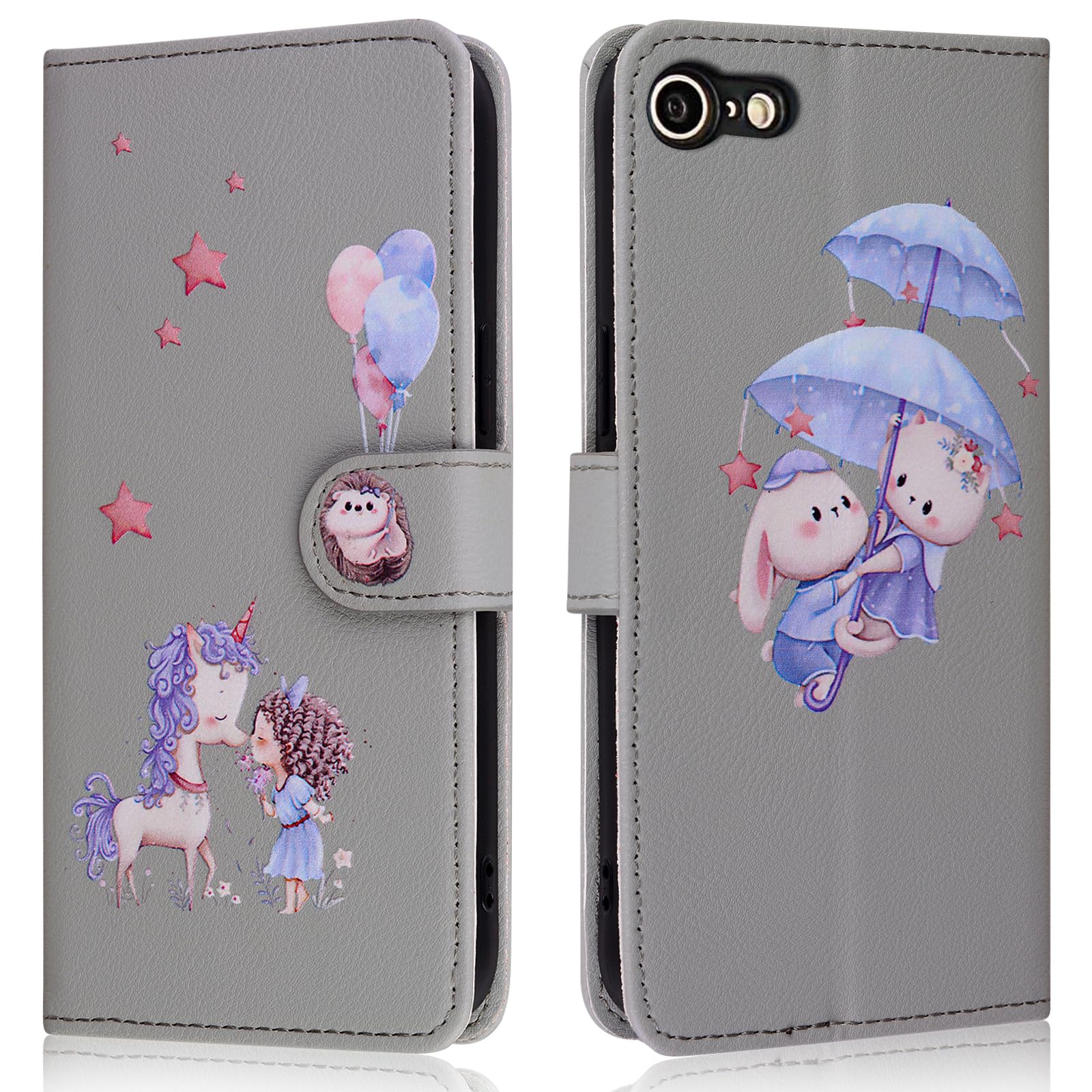 Butnyeoe for iPhone SE 2022/SE 2020 Phone Case,iPhone 8/7 Wallet Case,PU Leather Magnetic Book Flip Protective Cover with Card Holder,Cute Unicorn Gray