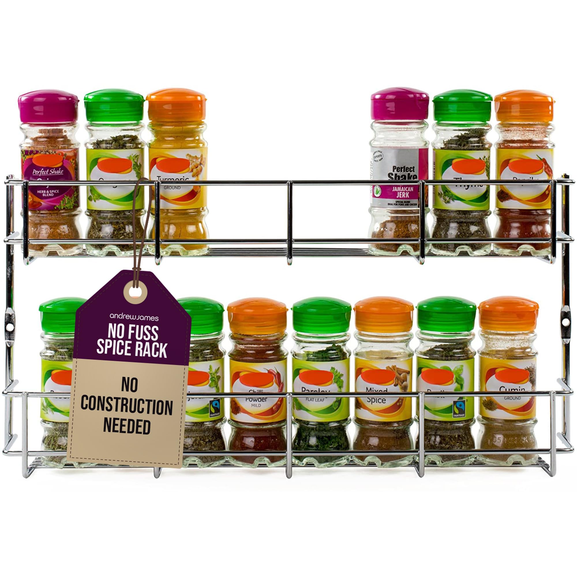 andrew james 1/2/3/4/5 Spice Rack Organiser – No Assembly Needed | Chrome Hanging Spice Shelf for Inside Cupboard Door or Wall Mounted | Kitchen Organiser & Storage Rack with Fixings - Holds 16 Jars