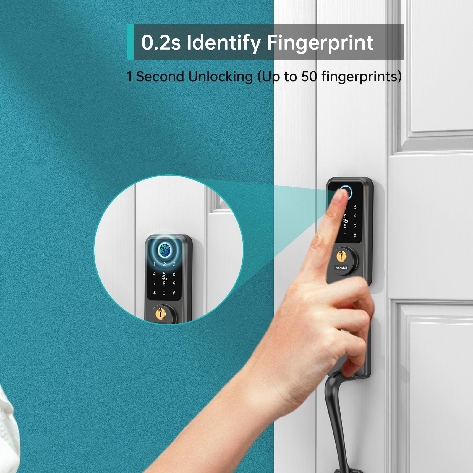 Hornbill Smart Lock Front Door - Keyless Entry Door Lock with Handle Set, Smart Deadbolt for Front Door, Bluetooth Fingerprint Biometric Auto Lock for New House, Airbnb, Office, Appartment