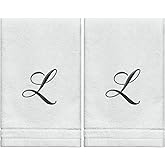 Monogrammed Towels Fingertip, Personalized Gift, 11 x 18 Inches - Set of 2- Black Embroidered Towel - Extra Absorbent 100% Cotton- Soft Velour Finish - For Bathroom/ Kitchen/ Spa- Initial L (White)