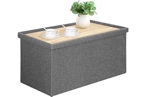 PINPLUS Folding Storage Ottoman Bench, Linen Ottoman Coffee Table with Lid Tray, Toy Chest Foot Stool for Living Room, Holds 