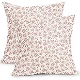 Ancordivo Vintage Floral Pillow Covers 18x18 Inch Pink and Cream Block Print Outdoor Decorative Throw Pillows Set of 2 Rustic Neutral Boho Accent Pillowcases for Couch