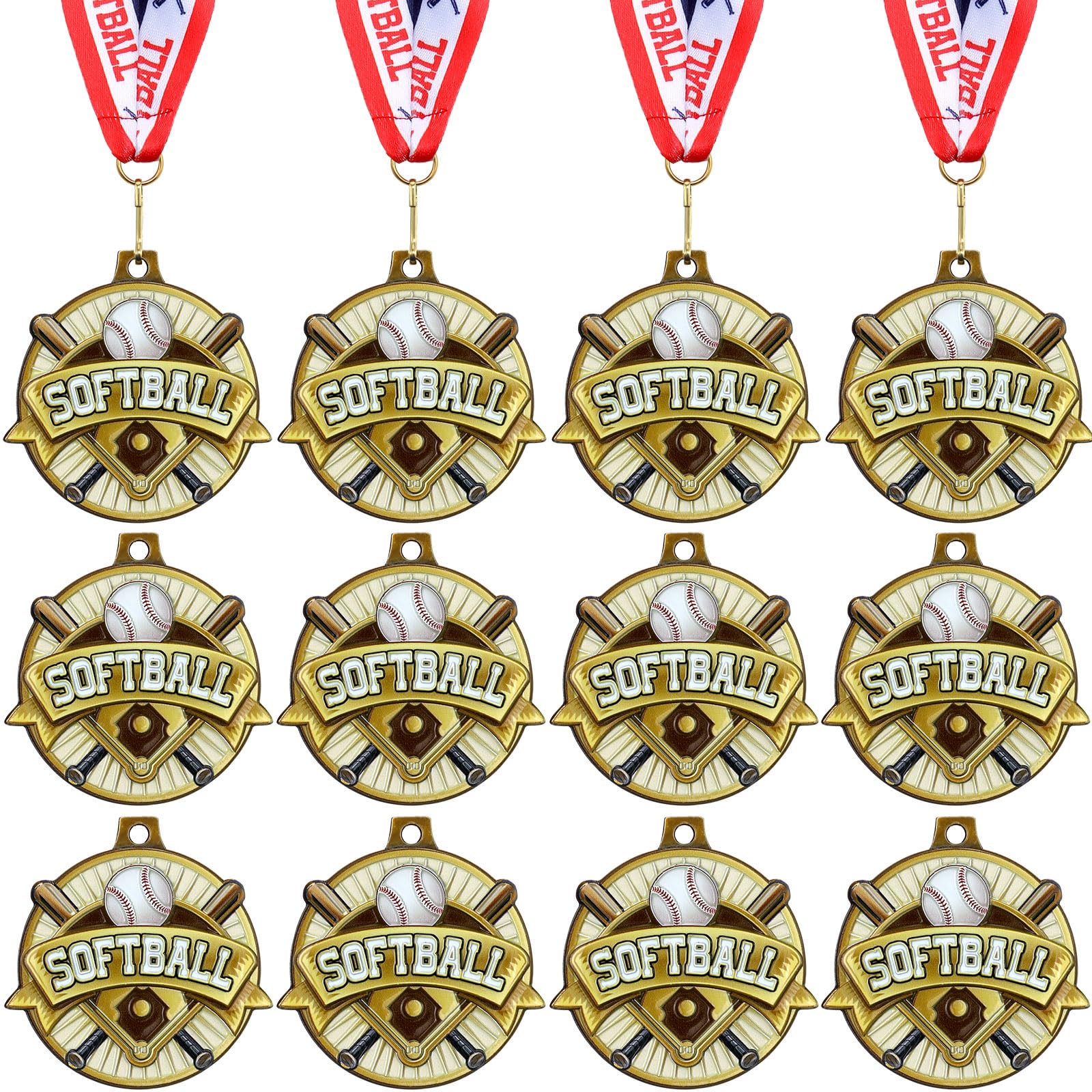Photo 1 of Ecation 12 Pcs Softball Medals 2 Inch T-Ball Team Medal Awards Softball Metal Medals Gold Baseball Sports Award Medals with Neck Ribbon for Kids(Softball)