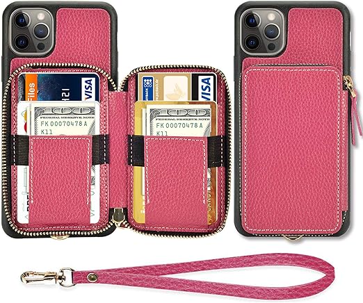 Amazon Com Zve Wallet Case Compatible With Iphone 12 Pro Max 6 7 Inch Zipper Case With Card Holder Slot Wrist Strap Handbag Protective Leather Cover For Iphone 12 Pro Max Rose Purple