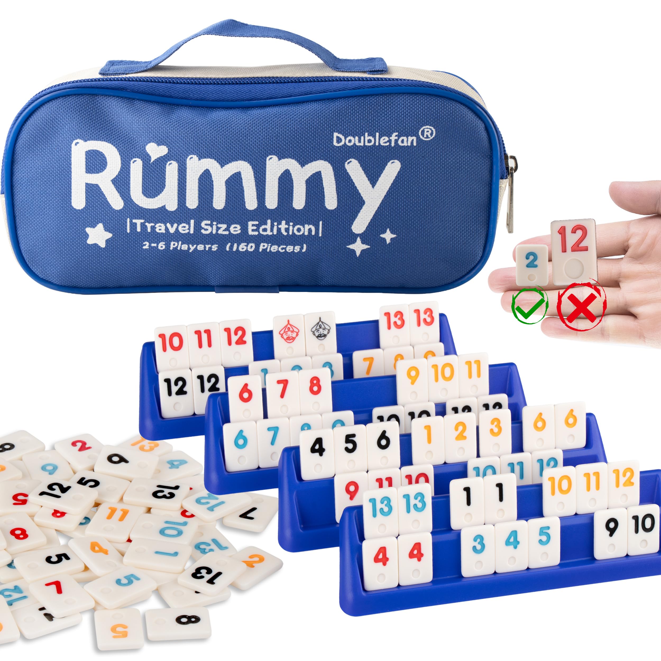 Doublefan Mini Rummy Set,Travel Size Rummy Game with Durable Canvas Bag, Classical Rummy Game for Adult and Kids,160Tiles, 6 Playing Rack, 1 Dice (2-6 Players)