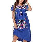 YZXDORWJ Women Mexican Embroidered Long Dress Ruffle Collar Maxi Boho Floral Summer Short Sleeve