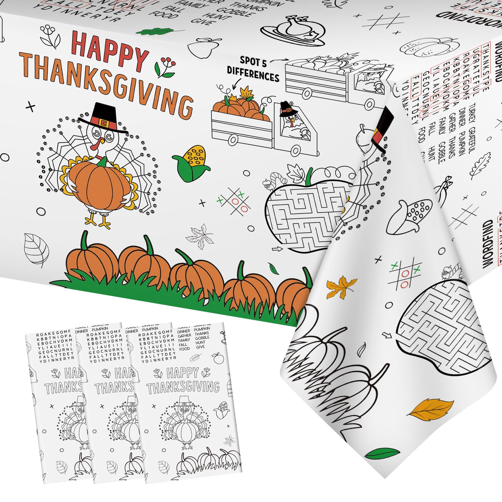 Photo 1 of 3 Pack Thanksgiving Coloring Tablecloth for Kids, Happy Thanks Giving Table Cloth - 137 x 54 Inches Jumbo Paper Fall Turkey Pumpkin Coloring Table Cover Poster Activity for Thanksgiving Tables Décor