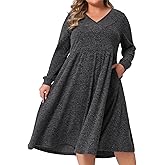 Agnes Orinda Women's Plus Size Sweater Dresses V Neck Long Sleeve Ribbed Knit Elegant A Line Dress with Pockets