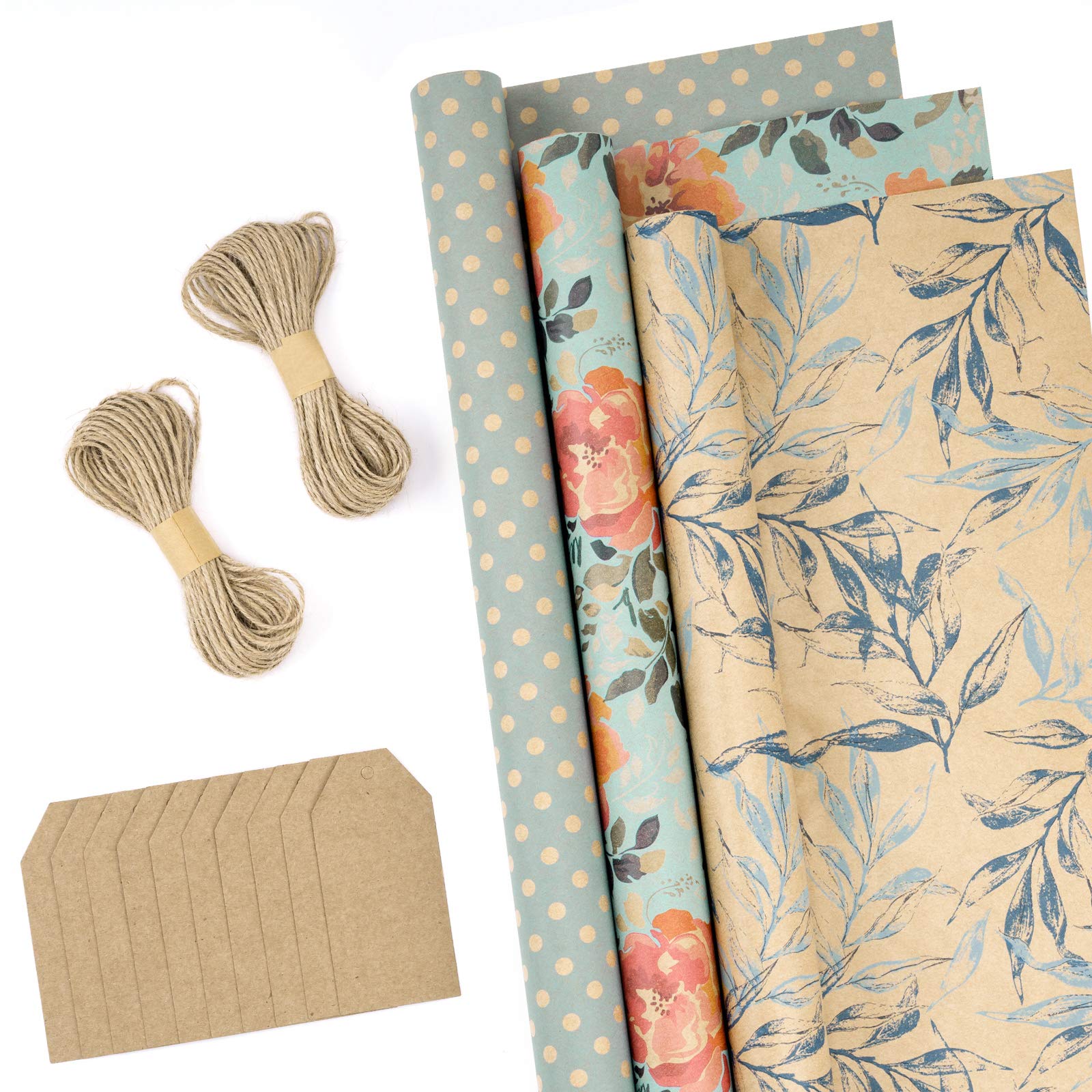 RUSPEPA Spring Wrapping Paper Rolls with Tags, Jute String - Total of 3 Rolls - 43 cm x 3 Meter per Roll