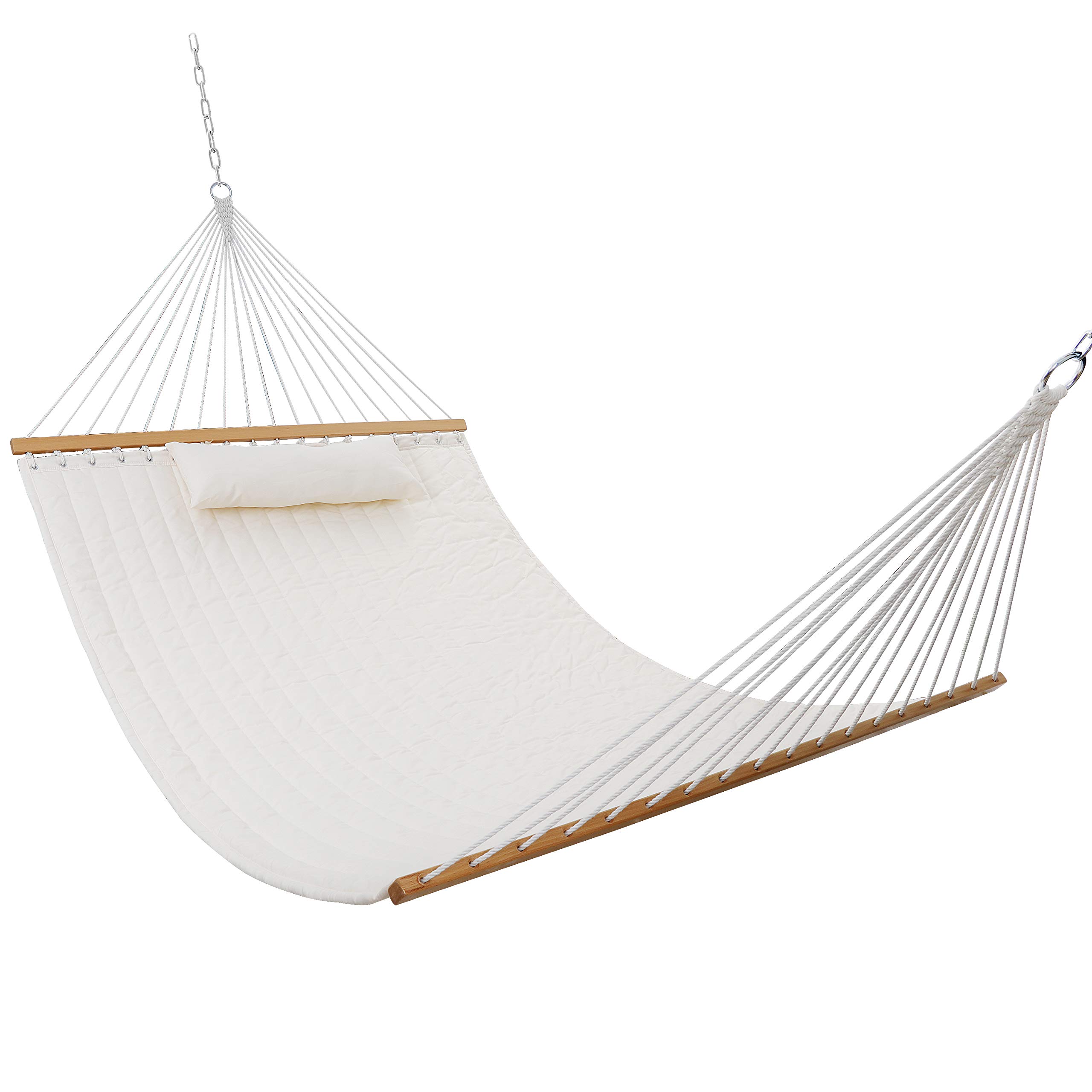 SUPER DEAL 13 Feet Extra Large Hammock with Pillow UV-Resistance 2-Person Quilted Fabric Swing with Solid Wood Spreader & Chains, 78” x 54.3” Beige