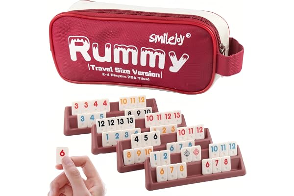 Smilejoy Mini Rummy Game,Travel Size Rummy Cube with Durable Canvas Bag, Classical Board Game for Adult and Kids,106 Tiles, 4