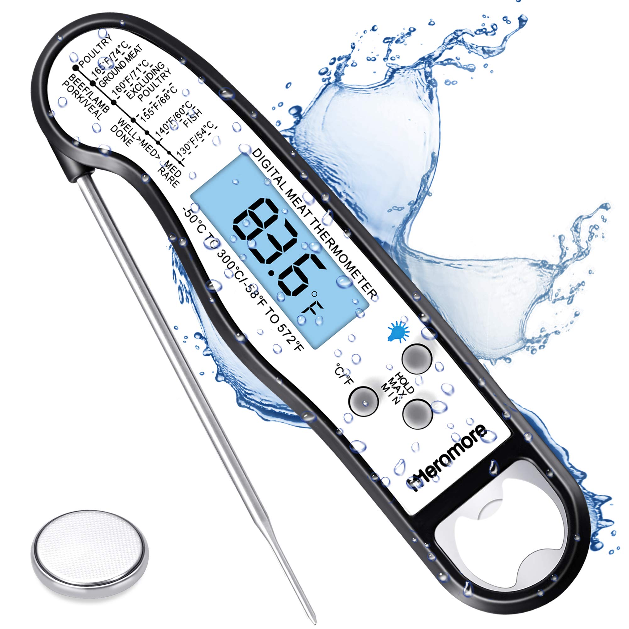 Meromore Meat Thermometer,Digital Instant Read Cooking Thermometer, Backlight LCD, IP67 Waterproof & Magnet for Food, BBQ, Grill, Milk, Yogurt