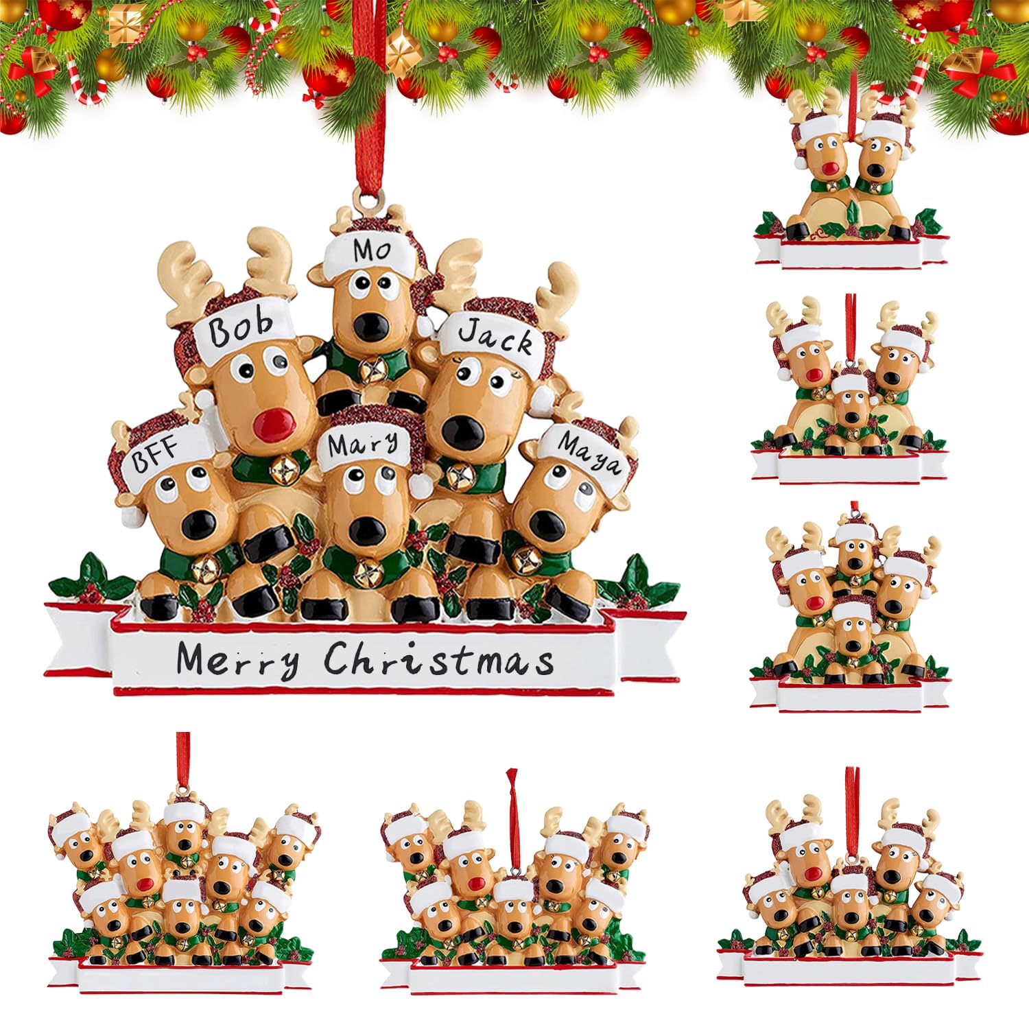 2025 Christmas Reindeer Family Decorations, Personalized DIY Christmas Ornaments Tree Hanging Pendant Family of 2,3,4,5,6,7,8, Xmas Decor Gifts for Home (Family of 6)